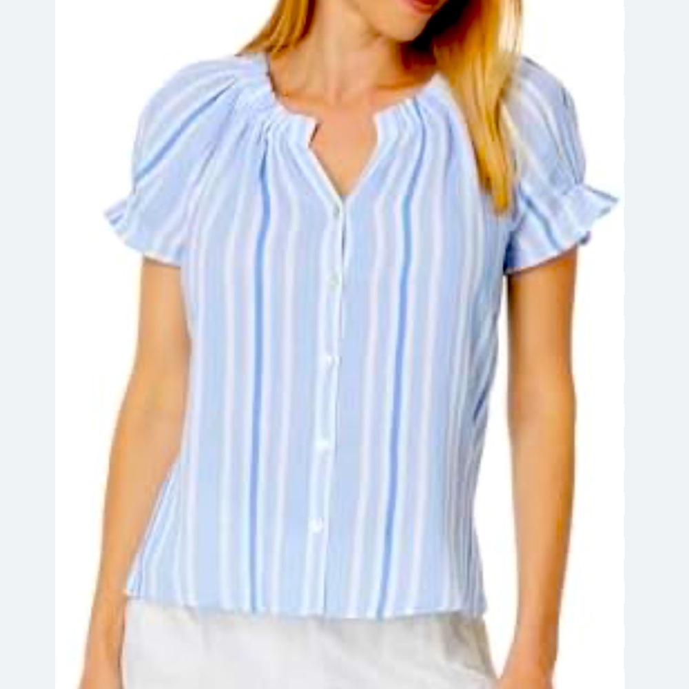 EUC Tommy Bahama Island gauze Villa solstice blue & white striped top Small
